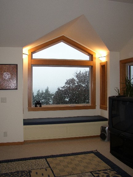 Hemlock window trim and painted window seat base